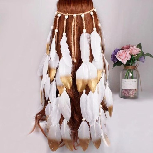 Hand-woven long feather hair band