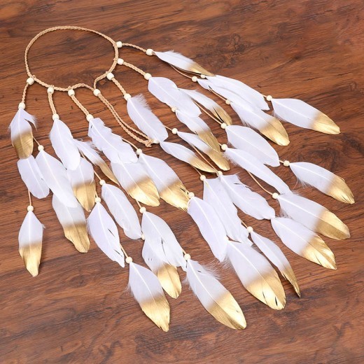 Hand-woven long feather hair band