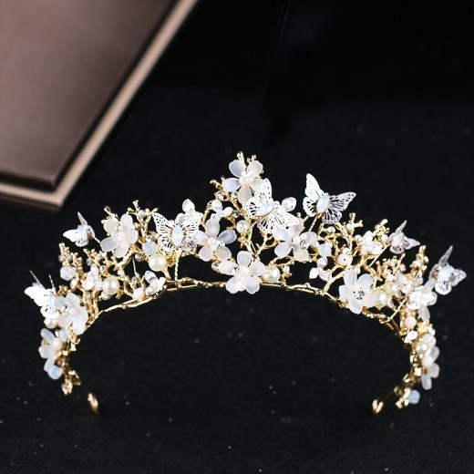 Butterfly Flower Headgear Baroque Crown Headband Golden Wedding Accessories Crystal Crown