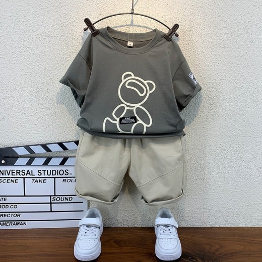 Boys And Girls Solid Color Bear Print Armband T-shirt Short Sleeve Two-piece Set