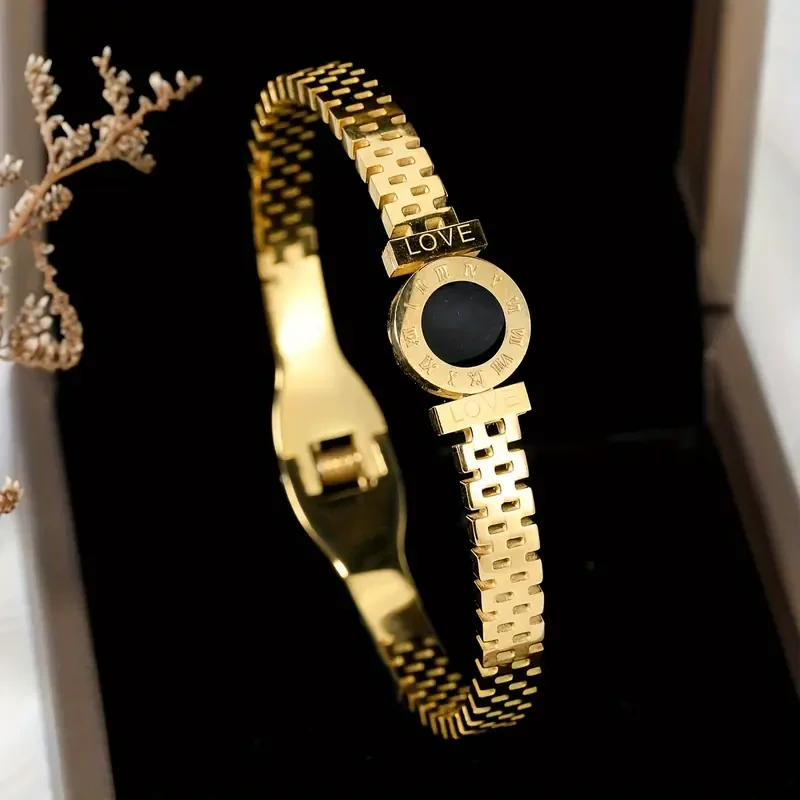 SENLANSP Simple Style Stainless Steel Bangle with Roman Numerals