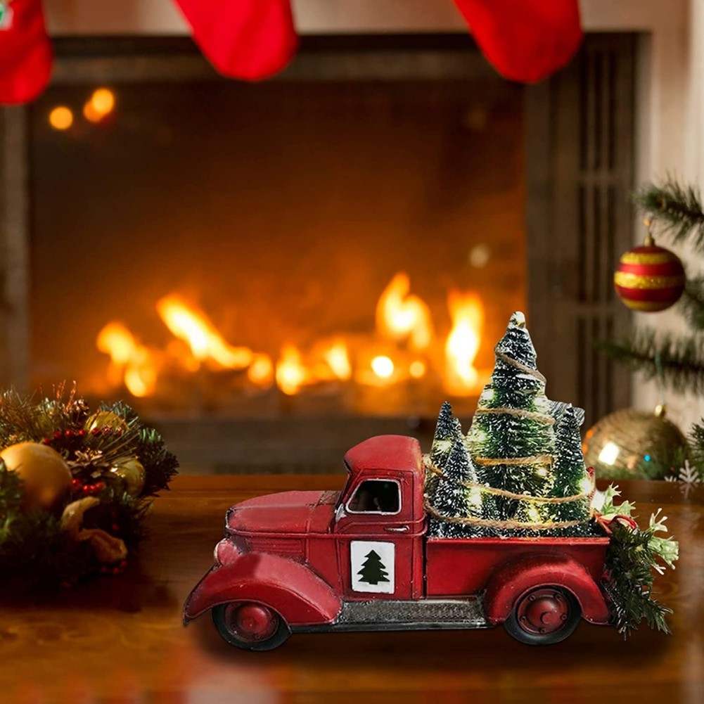 Christmas Red Truck Resin Ornament - Light-Up Car Decoration for Garden, Yard, Tree, and Home