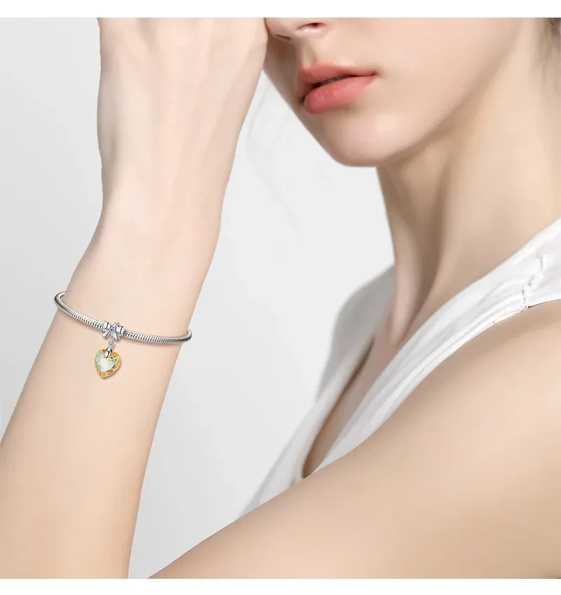 Sunshine Golden Yellow Heart Crystal Pendant Sterling Silver 925 Bow Necklace Bracelet Diy Pendant