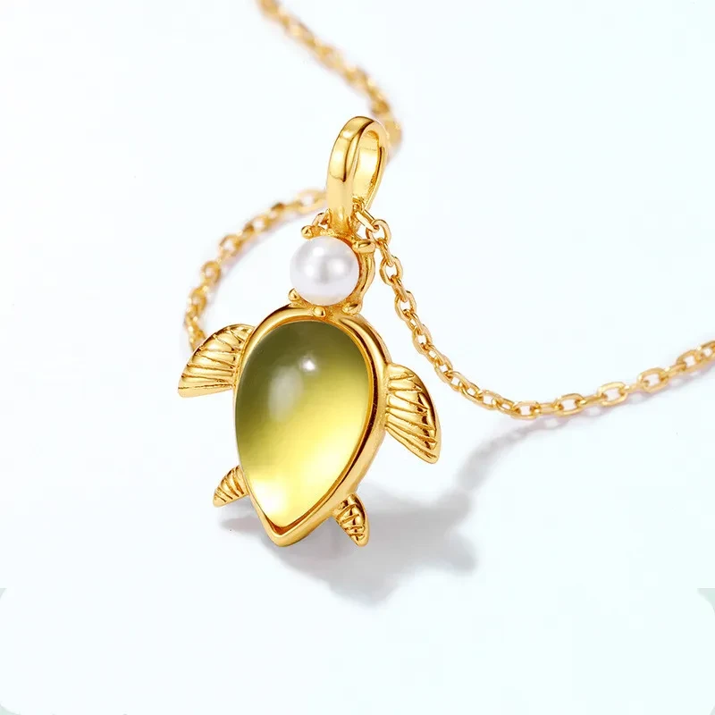 Japanese Simple Amber Turtle Silver Pendant Female Korean Tortoise Geometric Animal 925 Silver Pendant