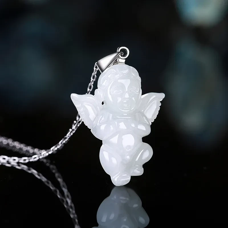 Natural Myanmar A Cargo Jade Angel Baby Pendant Silver Buckle Silver Chain Jade Pendant