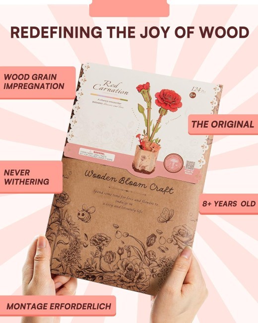 ROlife 3D Puzzle Flowers Bouquet Wooden Craft Model Kits For Adults DIY Eternal Flowers Romantic Gift For Women Men Teens Valentine Day Mother Day Birthday Gift Red Carnation