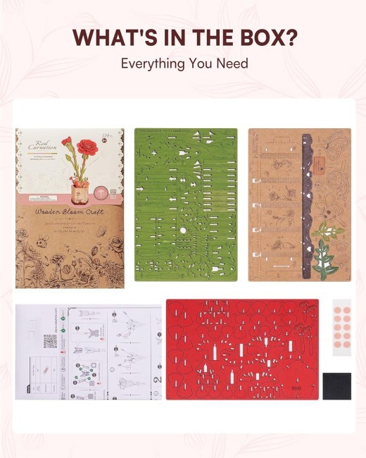 ROlife 3D Puzzle Flowers Bouquet Wooden Craft Model Kits For Adults DIY Eternal Flowers Romantic Gift For Women Men Teens Valentine Day Mother Day Birthday Gift Red Carnation