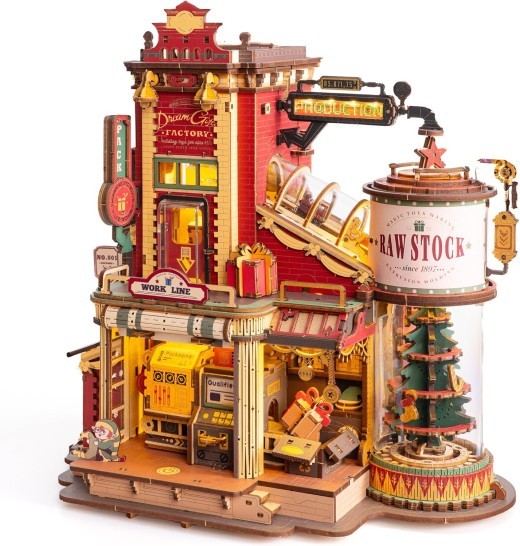 ROBOTIME Gift Factory 3D Puzzle Wooden Model Kits For Adults DIY Retro Vintage Toy Production Construction Craft Kit Luminous Factory With Music Lights And 5 Elves For Kids Teens Adults