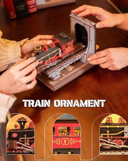 ROBOTIME Book Nook Book Ends Kits Century Train DIY Booknook 3D Wooden Puzzle Model Kit Bookend Bookshelf Decoration Gifts For Adults Kids Teens