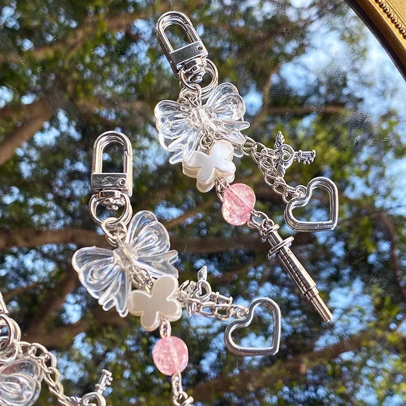 Y2K Sweet Transparent Bow Bead Phone Chain Keychain Pendant