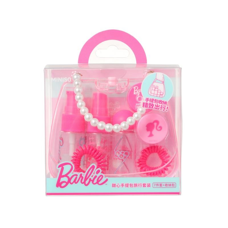Miniso Barbie Dispensing Bottle Set  Sweetheart Handbag Travel Set, 7-Piece Dispensing Bottle Storage Bag