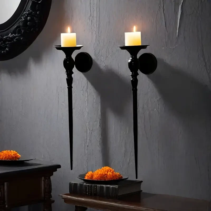 Set of 2 Vintage Black Staff Candle Holders