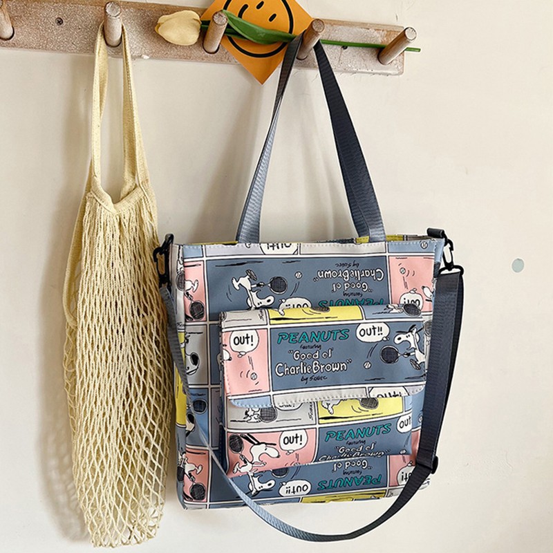MINISO Snoopy Cartoon Print Tote Bag  Fashionable Large Capacity Casual One Shoulder Crossbody Bag, Nylon Pink Handbag