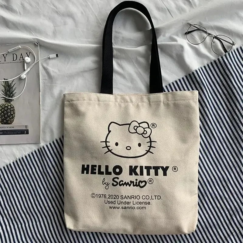 MINISO Disney Women Cute Hello Kitty Canvas Tote Bag  Femme Shopping Shoulder Bag, Travel Tote, Luxury Designer Handbag