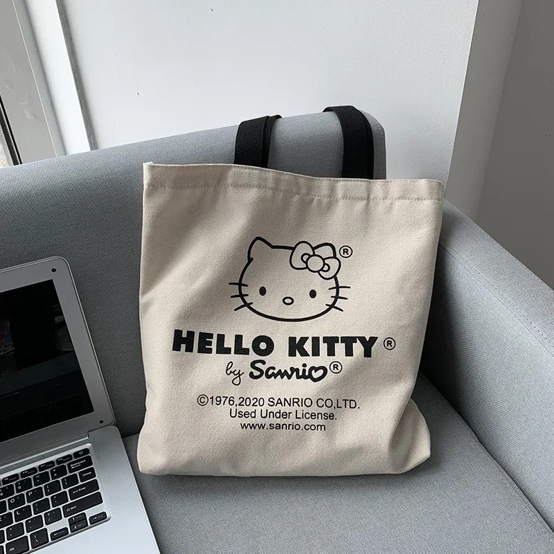 MINISO Disney Women Cute Hello Kitty Canvas Tote Bag  Femme Shopping Shoulder Bag, Travel Tote, Luxury Designer Handbag