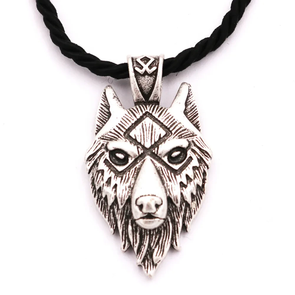 Viking Wolf Head Metal Necklace Luna Rune Amulet