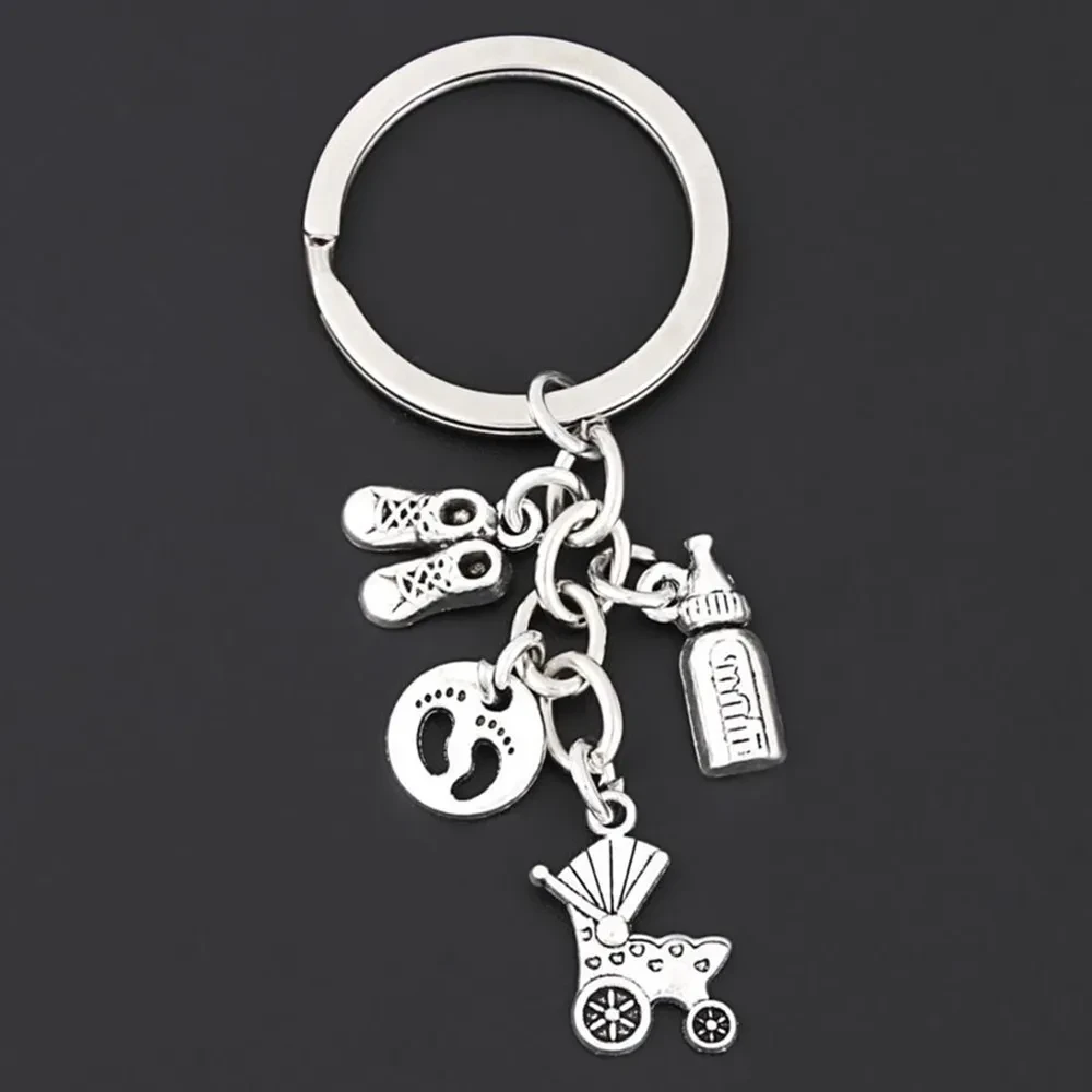Stroller Baby Bottle Footprint New Mother's Memorial Keychain