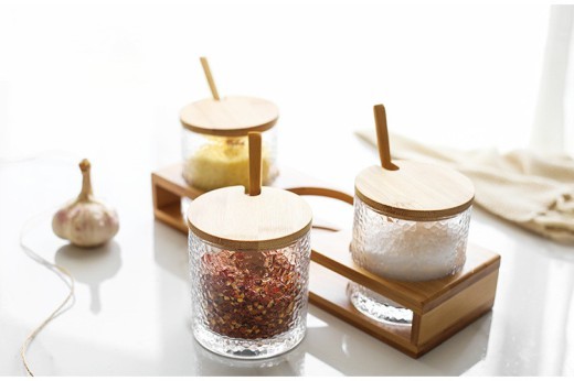 Household Kitchen Glass Seasoning Box Bamboo Lid Seasoning Bottle