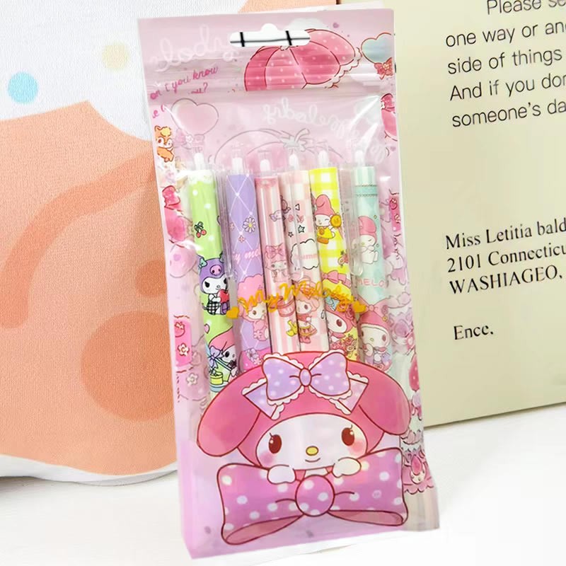6Pcs/Set Kawaii Sanrio Hello Kitty 0.5mm Gel Pens  Cute Kuromi Press Gel Pen Cartoon Kids School Student Stationery Supplies Gift