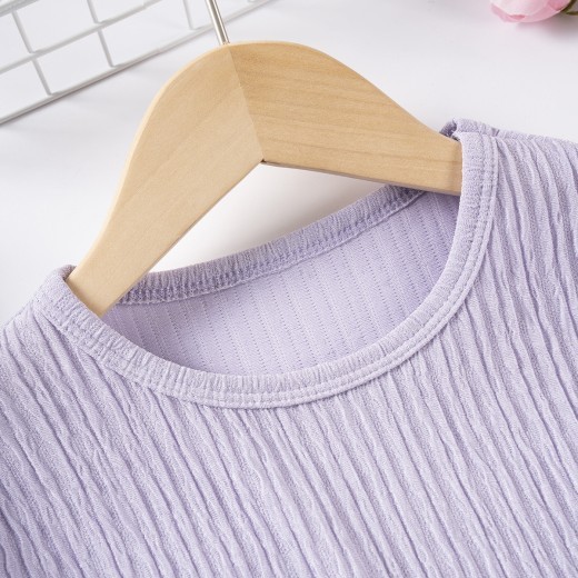 Girls Casual Style Solid Color Short Sleeve Trousers Suit