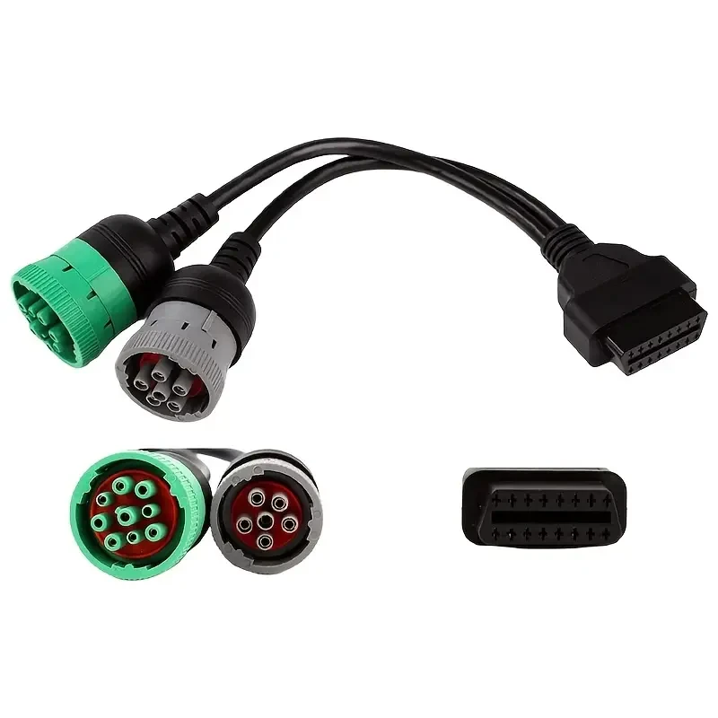 9-Pin OBD to Type 2 Green Split Y Cable for Diesel Truck Diagnostics