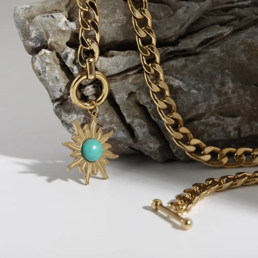 Sunflower Turquoise Pendant Titanium Steel Necklace