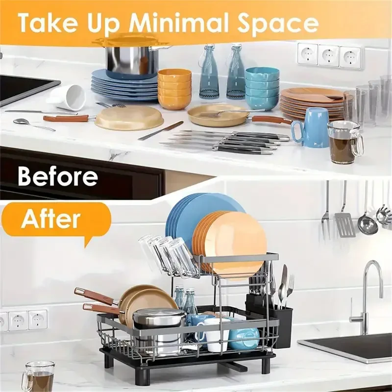 Space-Saving 2-Tier Iron Dish Rack with Utensil Holder - Rust-Proof, Easy Clean Kitchen Organizer