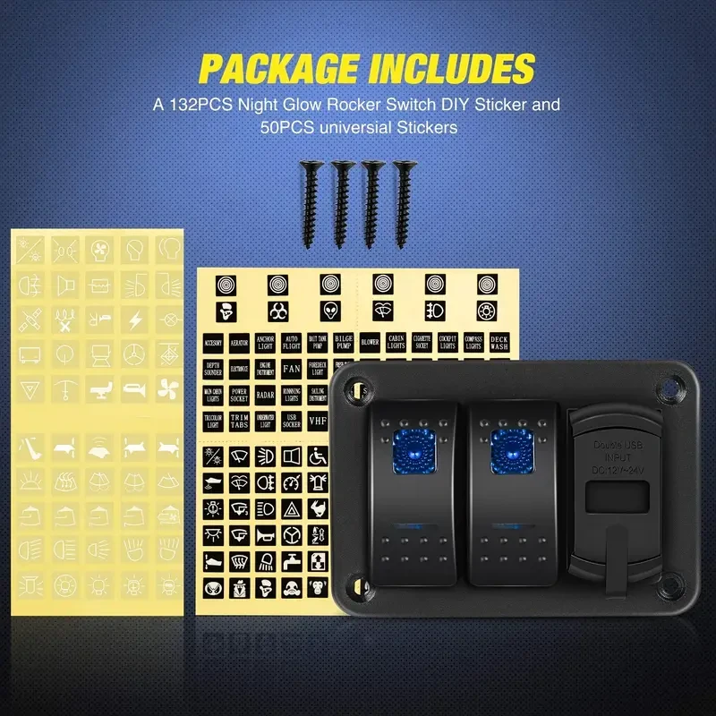 DAIERTEK 2-Gang Marine Switch Panel with Dual USB Charger