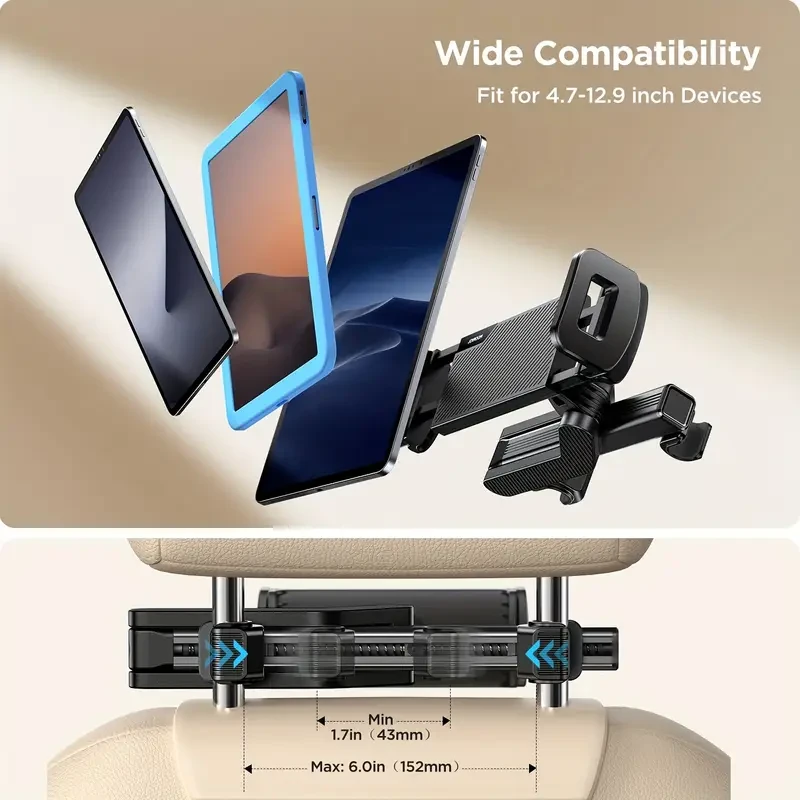 Tablet Holder for Car, 360 Adjustable Mount, One-Handed Operation