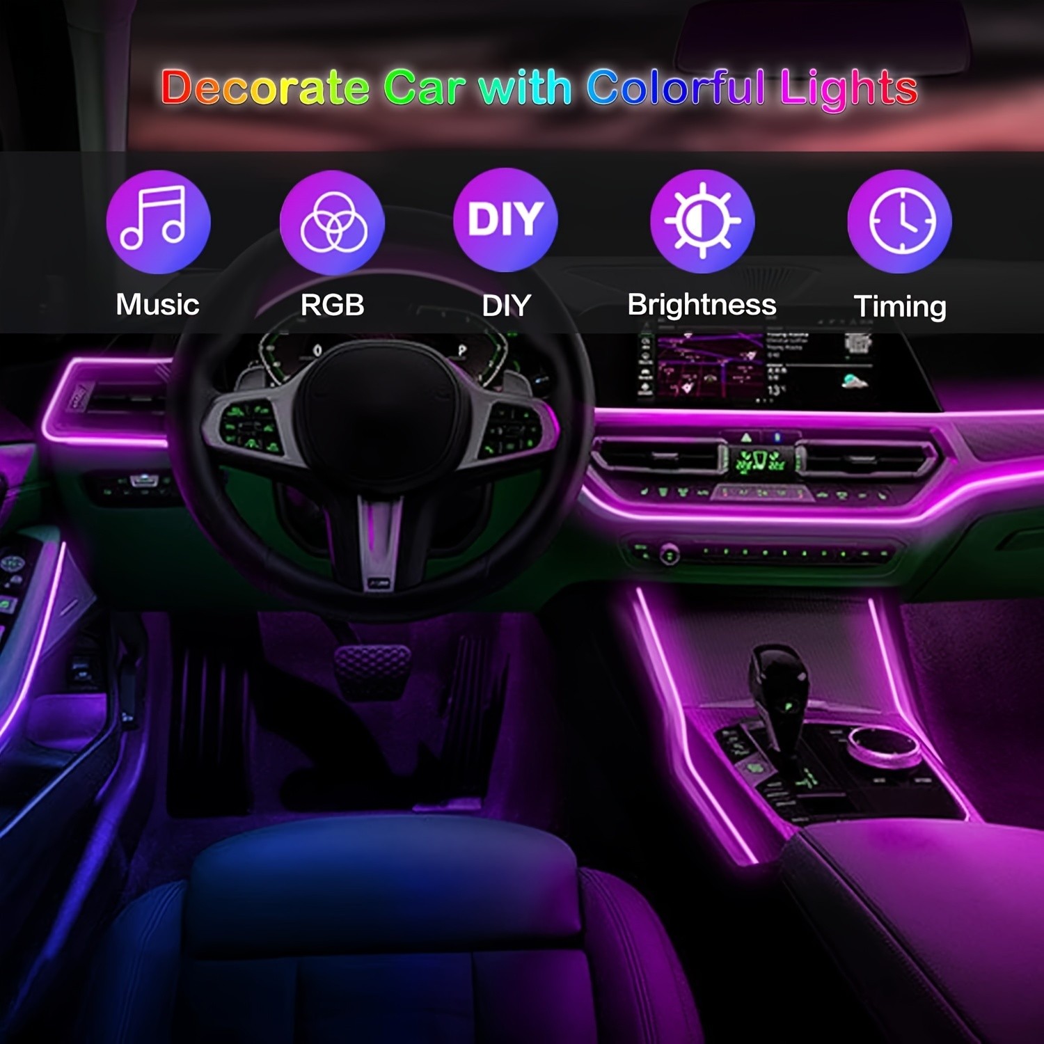 196 Inch Car Interior LED Strip Lights, RGB USB Ambient LED Lighting Kit with App Control, Fiber Optics & Music Sync Rhythm for Car Door, Console & Dashboard