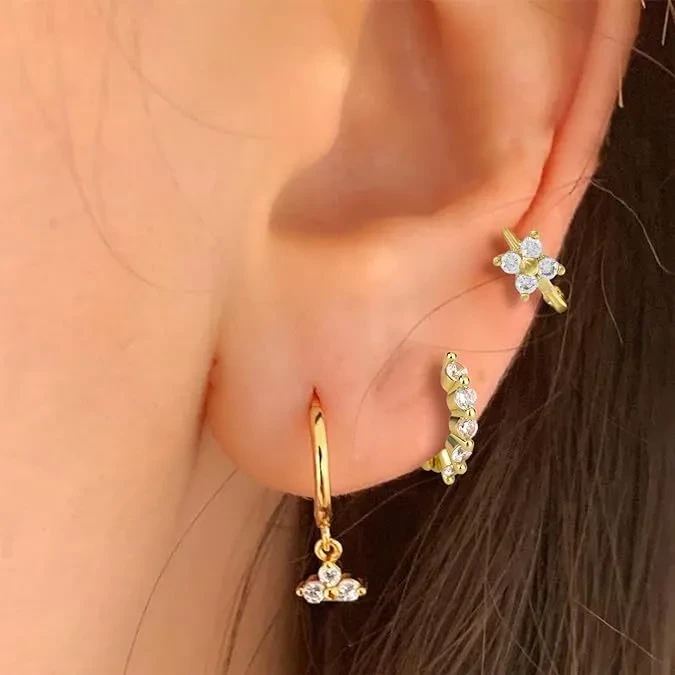 Brass Real Gold Plating Inlaid Zircon Geometric Flower Three-piece Set