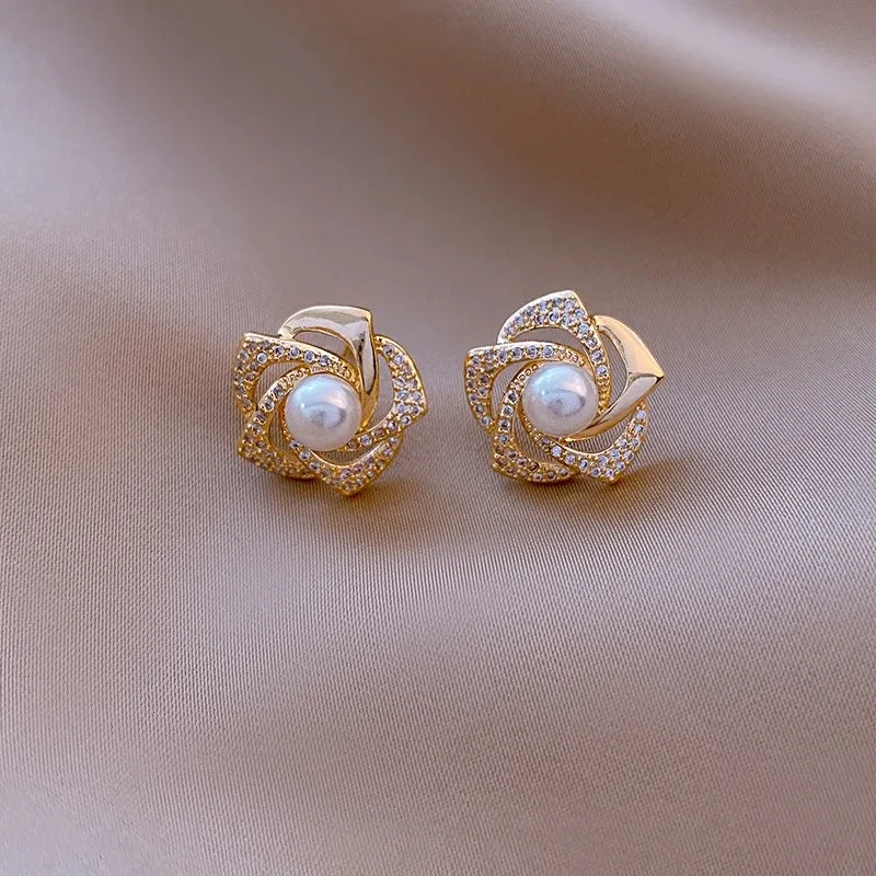 Women's Diamond Rose Pearl Earrings New Niche