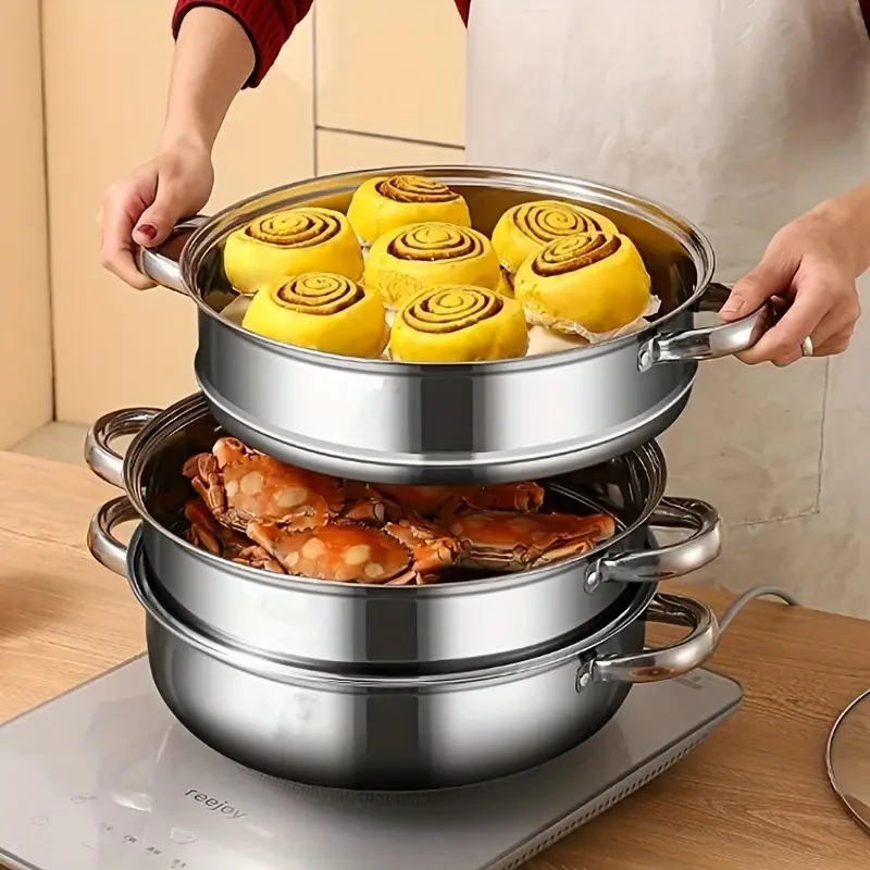 Versatile 3-Tier Stainless Steel Steamer with Clear Lid