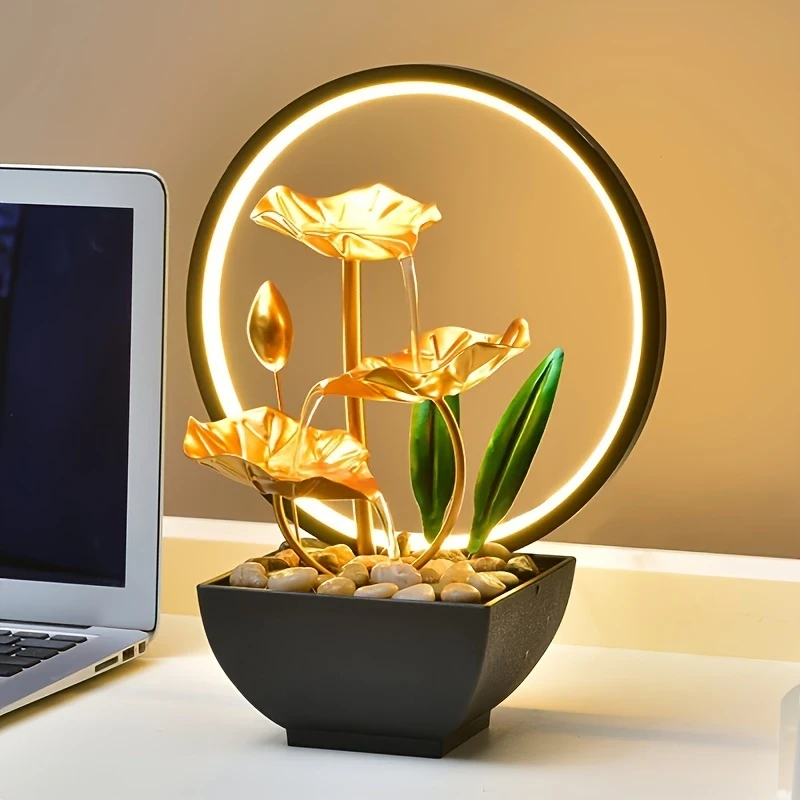 USB-Powered Tabletop Fountain with LED Ring | Relaxing Metal Waterfall Decor for Home, Office & Gift Giving