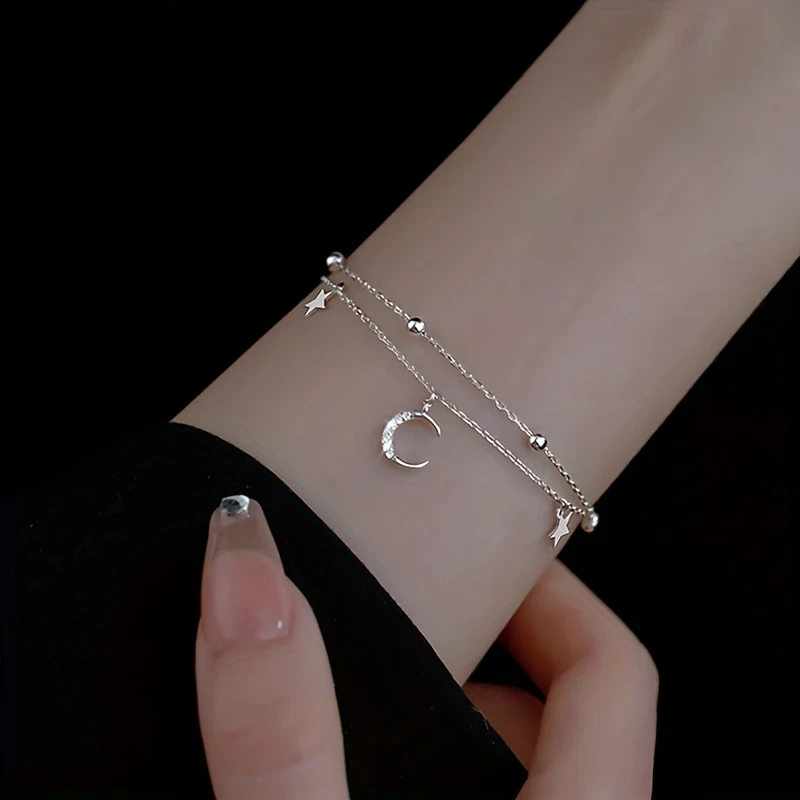 Elegant Double-Layer Star and Moon Bracelet | 925 Silver-Plated, Hypoallergenic, with Cubic Zirconia & Platinum Plating