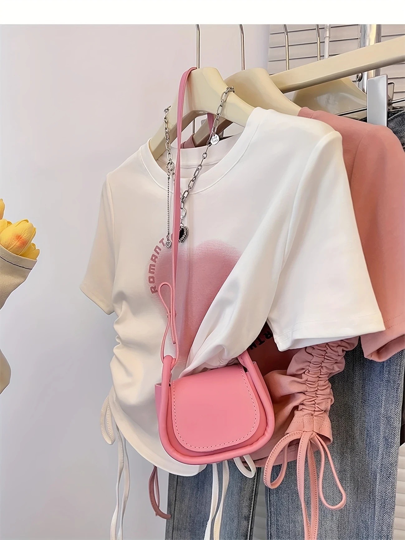 Heart Print Drawstring Side T-shirt | Chic Short Sleeve Slim Crop Top for Summer Women's Clothing