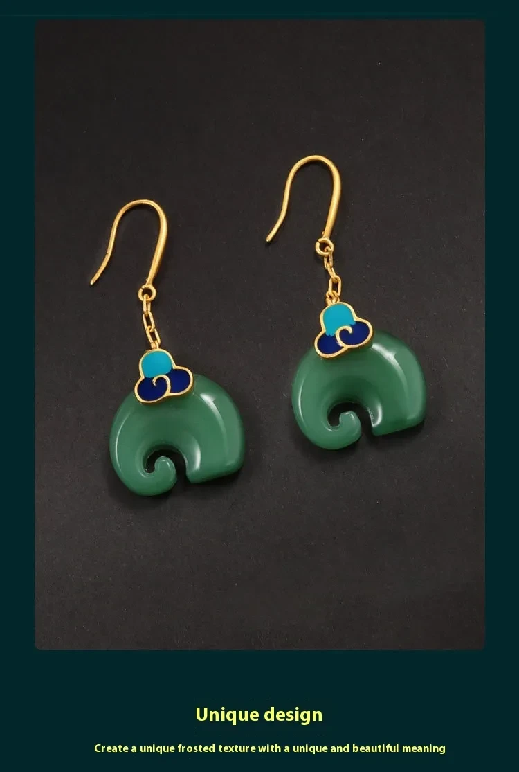 Niche Cold Enamel Xiangyun Elephant Hetian Jade Vintage Style Earrings