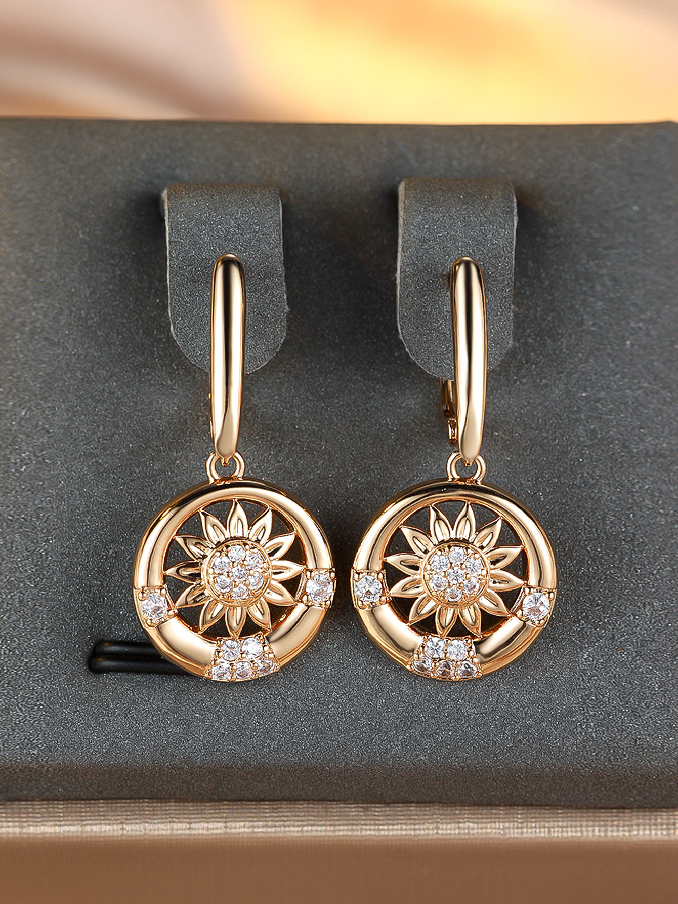Round White Diamond Sunflower Earrings For Women