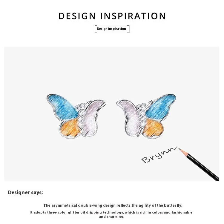 Butterfly Sterling Silver Earrings White Gold Plated Colorful Oil Necklace