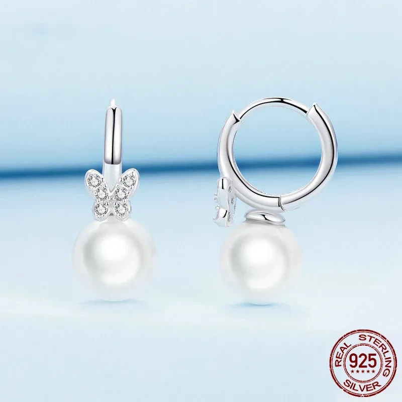 Sterling Silver Earrings Shell Pearls White Gold Plated Zircon