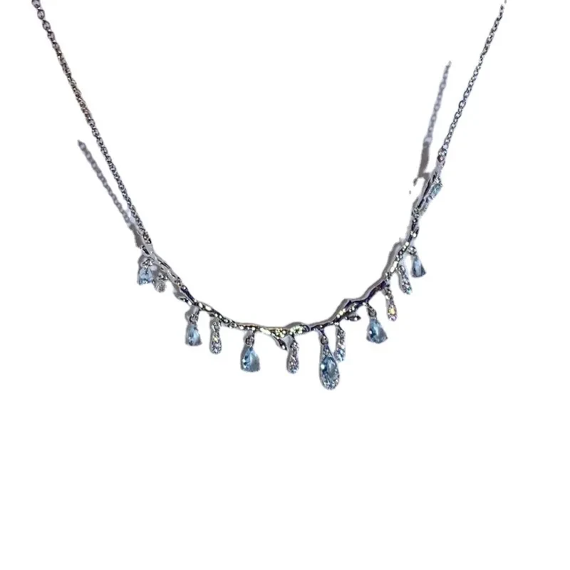 Silver Water Drop Blue Zircon Pendant