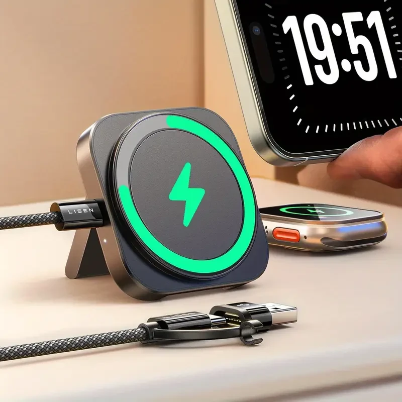 LISEN Third Generation Magnetic Wireless Charger Base, Mini Charging Station, Travel Charging Pad, Portable, Suitable for Multiple Devices, Mobile Phones/ Earphones/ Smart watches, Ffast charging, Long-lasting Life