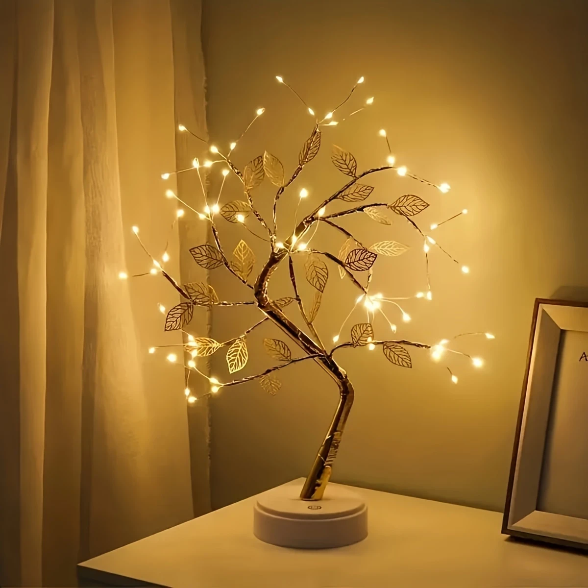 1pc Golden Leaf Tree Lamp, USB or Battery Powered, 72 LED Copper String Lights, Touch Switch, Dual Mode/Constant Light/Flashing, Modern Home Decor, Christmas, Valentine's, Fashionable Room Decor Table Lamp