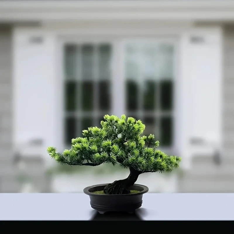 9.5" Artificial Pine Bonsai Tree in Black Pot  Lifelike Indoor Zen Decor for Home, Bathroom, Bookshelf, or Farmhouse Style, Zen Home Decor