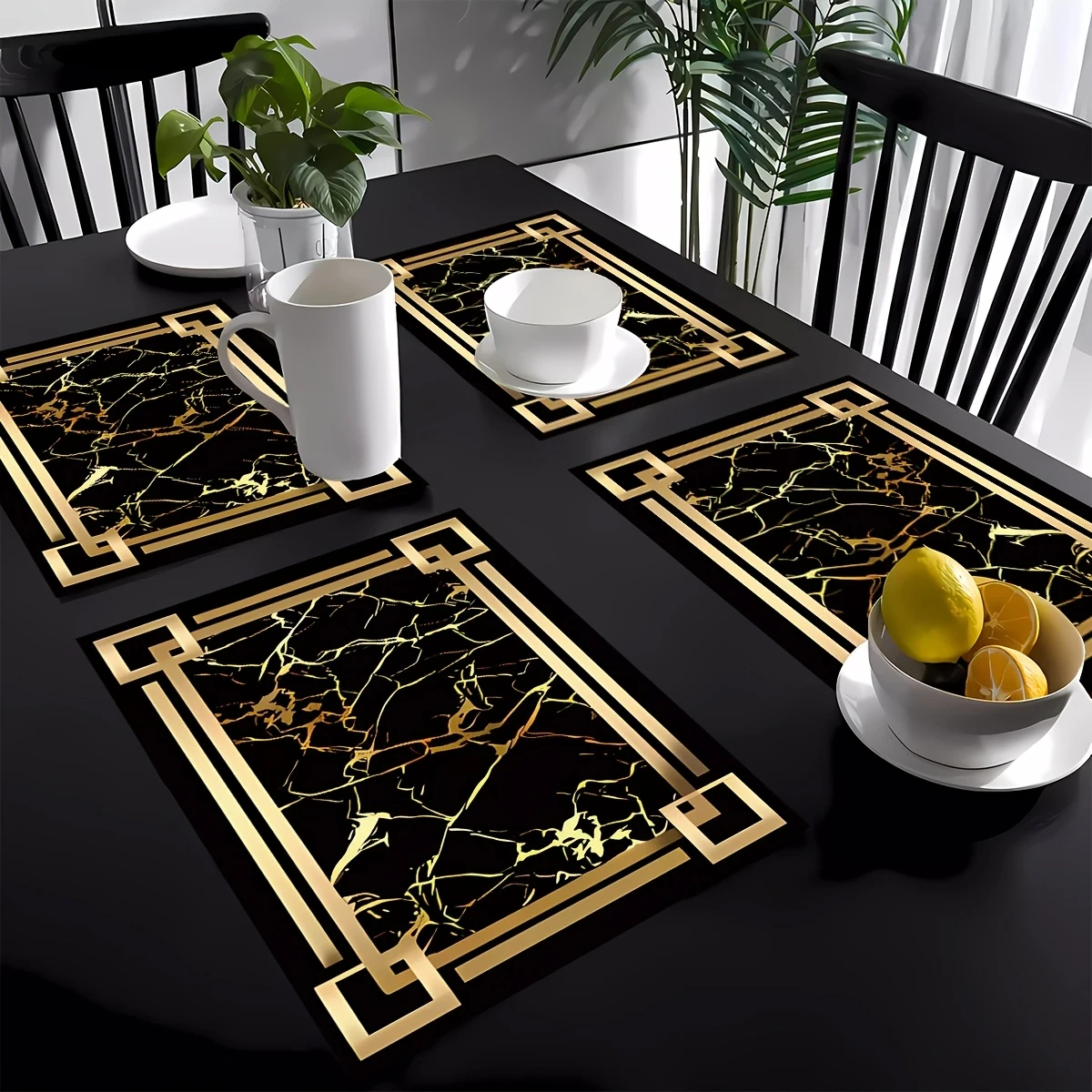 4pcs Black Golden Element Patterned Tableware Mats