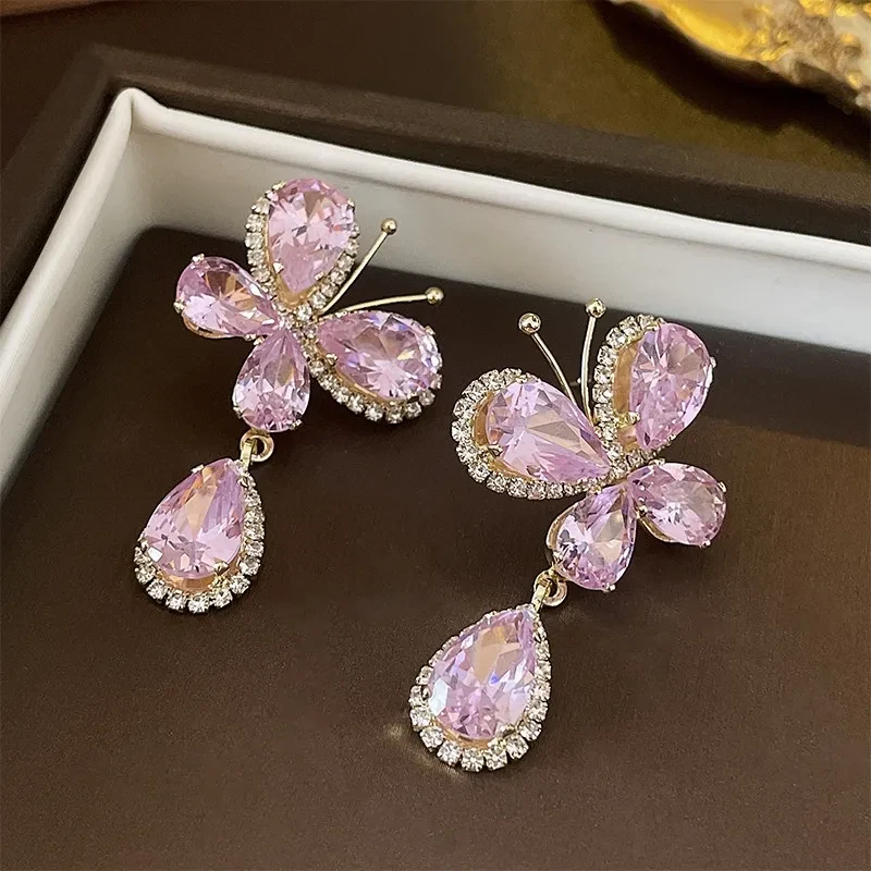 Sweet Light Luxury Rhinestone Zircon Butterfly Water Drop Silver Pin Earrings