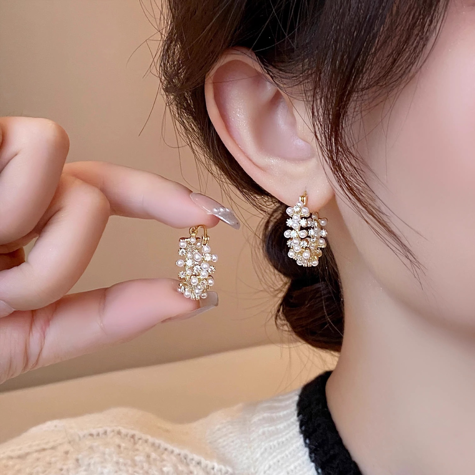 Multi-row Pearl Zircon Earrings