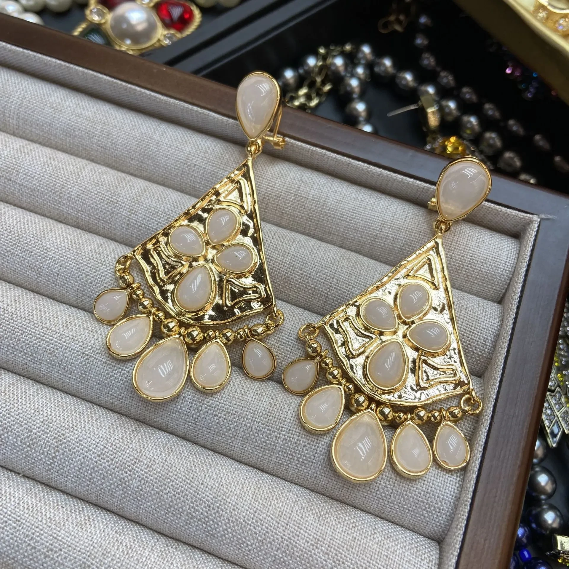 Fan-shaped White Jade Tassel Earrings Water Drop Long Ear Studs