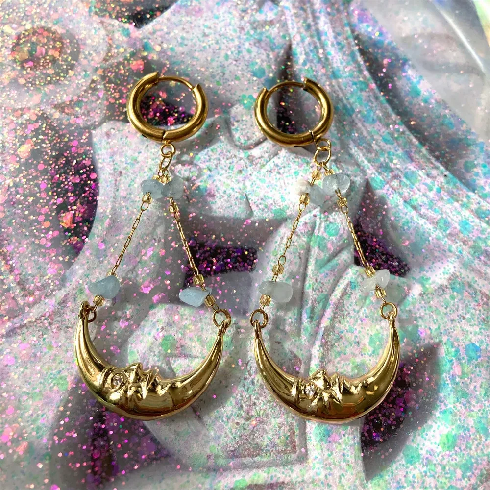 Moon Earrings Pendant Agate Stone Chain