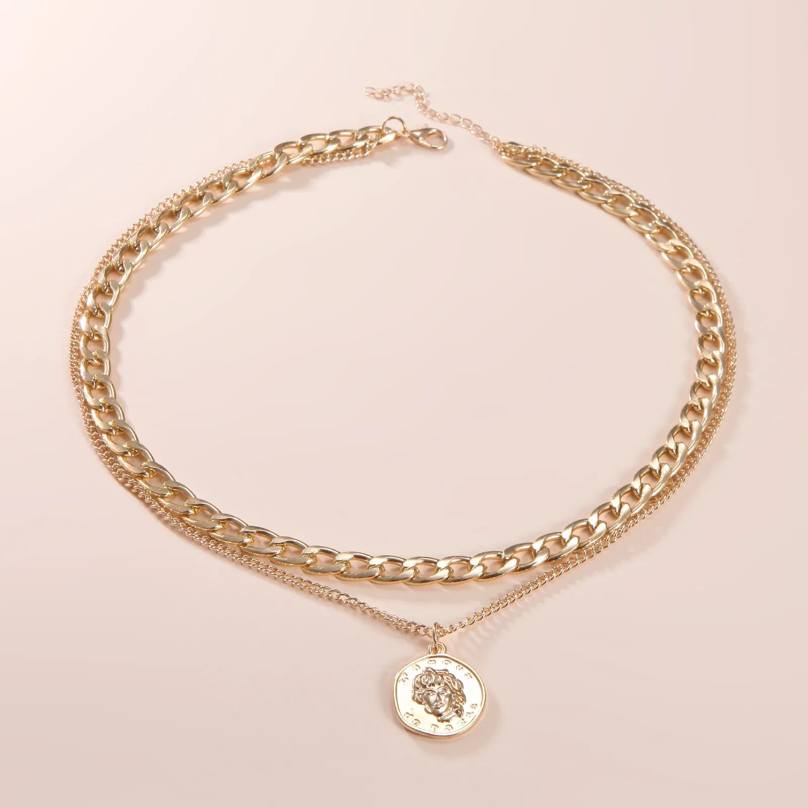 Retro Portrait Exaggerated Thick Chain Necklace Double Layer